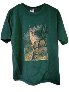 Vintage 90s Lee Cable Applejack Anvil Bird Owl Nature Green Tee Shirt Large
